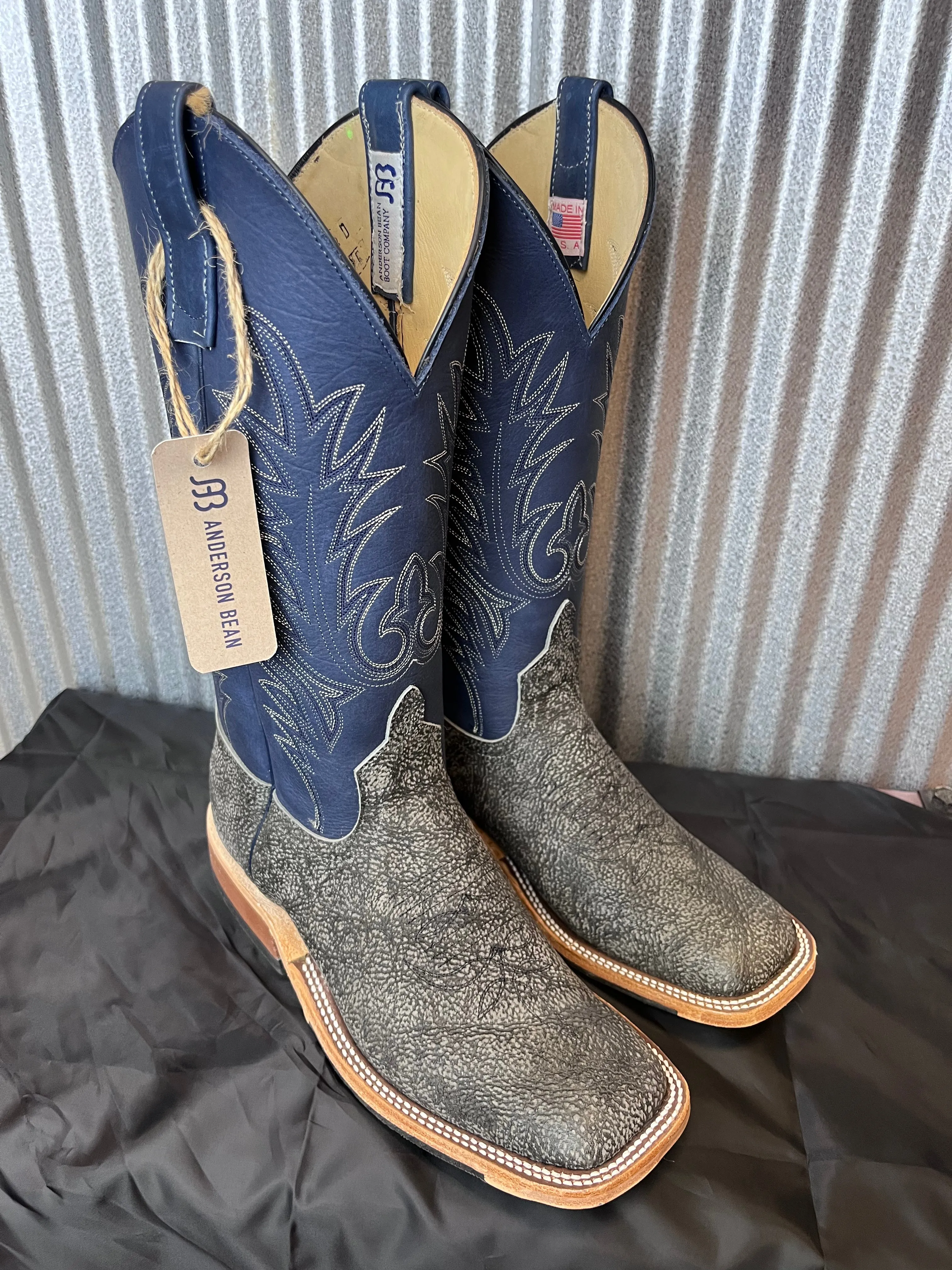 Anderson Bean Men's 13" Grey Safari Giraffe Midnight Blue Dozer Square Toe Cowboy Boots 340713