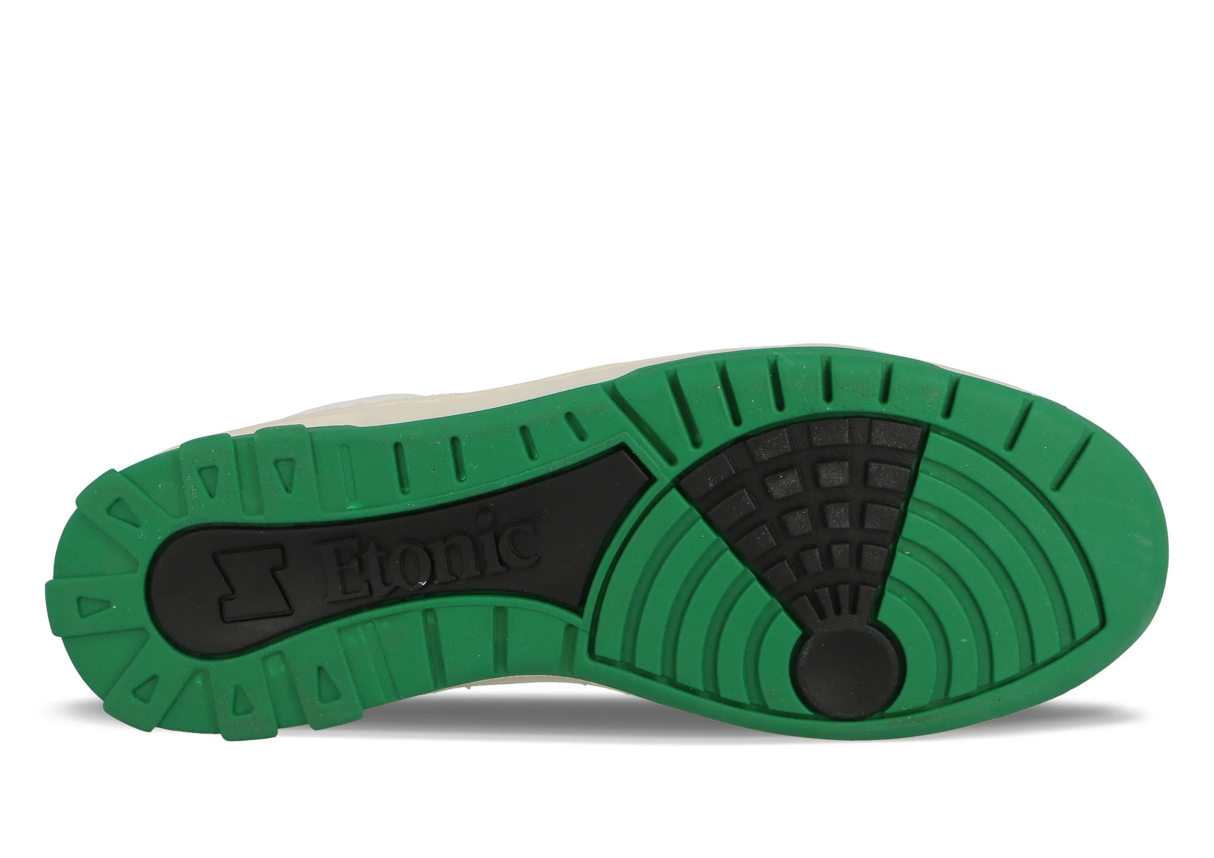 Etonic B583 sneakers in white leather and green details with off white midsole and green bottom outsole.