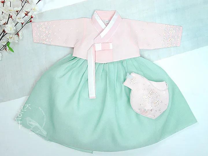 Tiny Wild Flower Baby Girl Hanbok in Mint