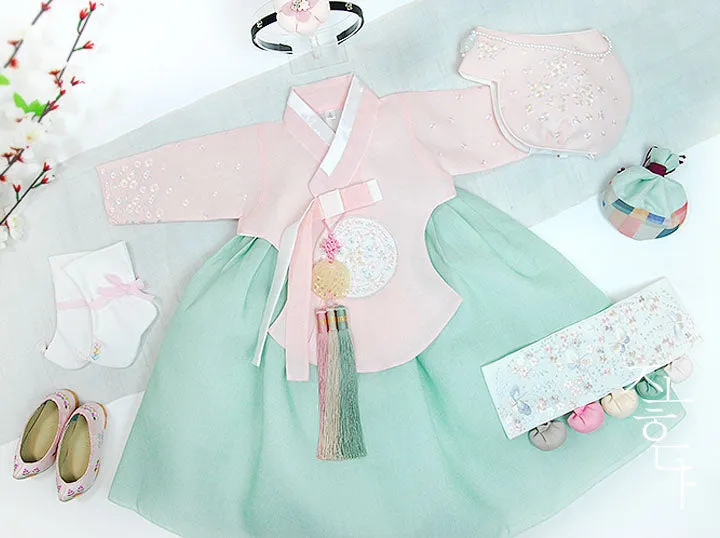 Tiny Wild Flower Baby Girl Hanbok in Mint