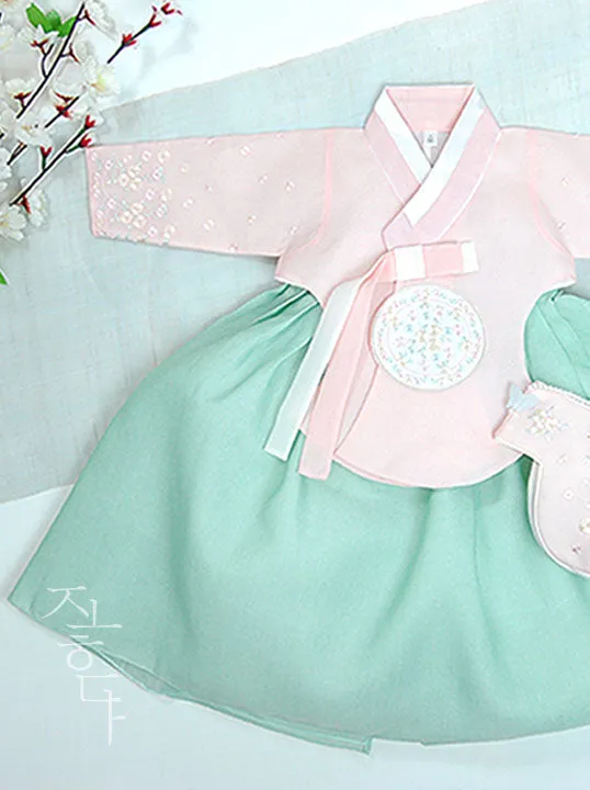 Tiny Wild Flower Baby Girl Hanbok in Mint