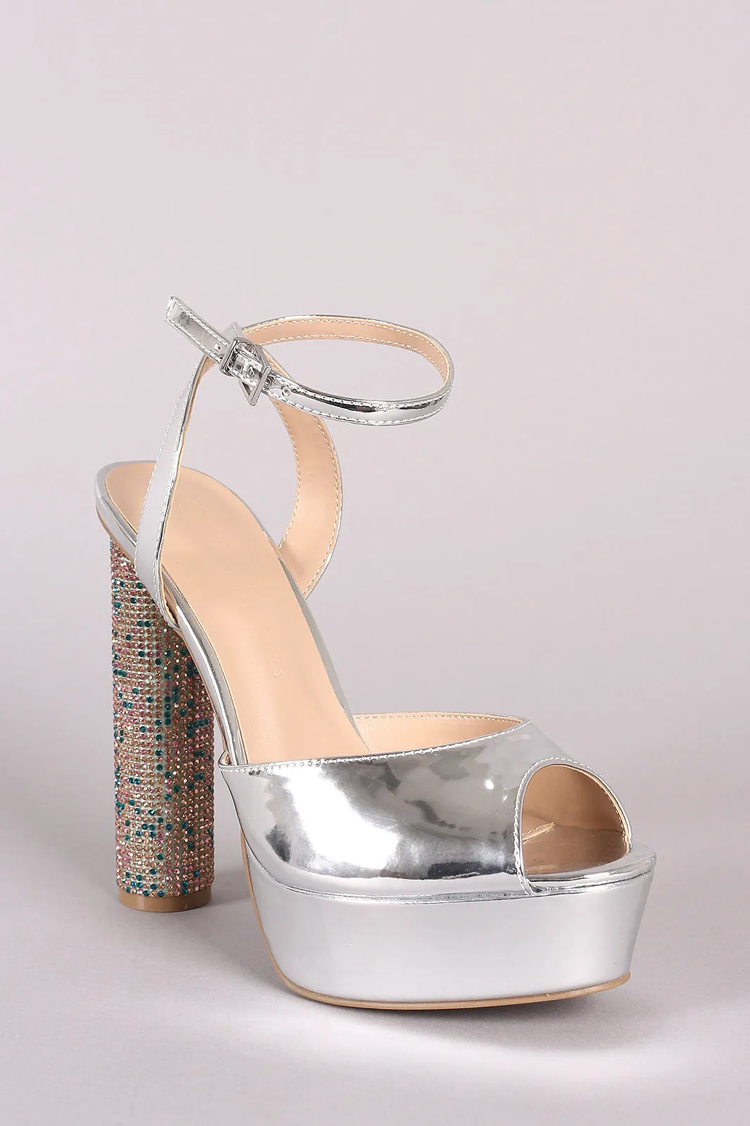 Wild Diva Lounge Ankle Strap Patent Rhinestone Cylindrical-Heel